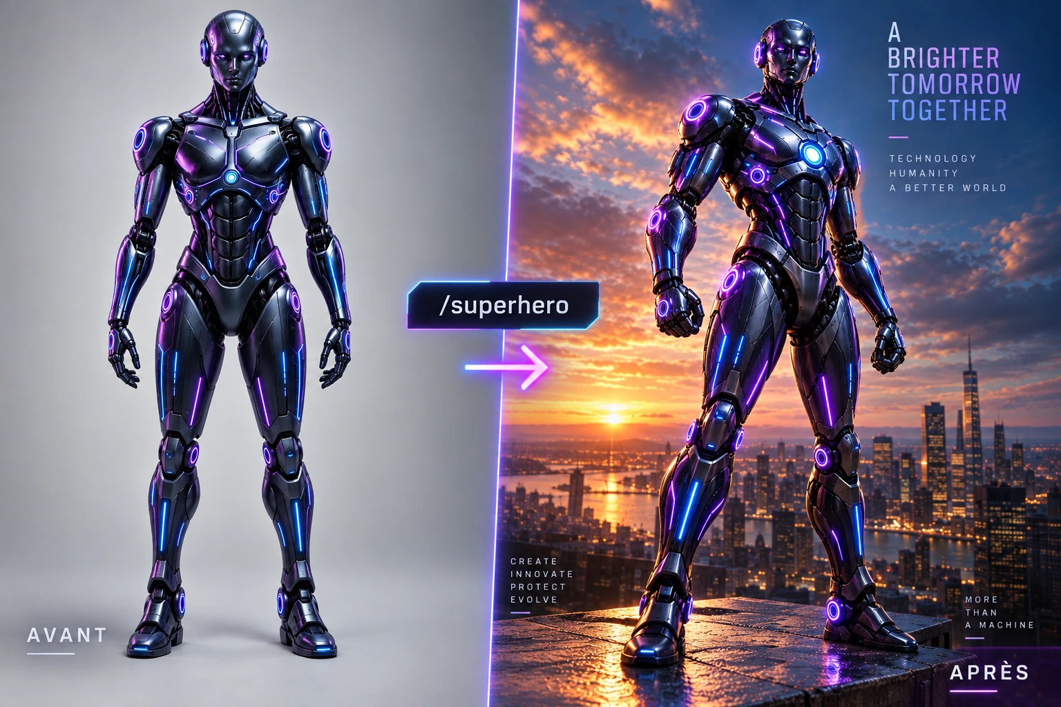 Démonstration Avant / Après de la commande slash IA /superhero avec image de référence